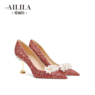 爱丽拉红色秀禾婚鞋女款，2024不累脚，新娘中式水晶高跟鞋高级感