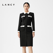 LANCY/朗姿2023秋冬黑白撞色羊毛衬衫连衣裙女高级感优雅气质