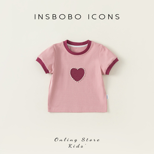 insbobo女童短袖t恤2024时尚，拼色儿童夏装，甜美爱心女宝上衣