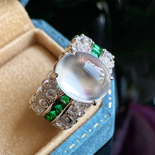 vising珠宝天然水沫玉缅甸石英岩，玉绿色设计款，蕾丝戒指媲美翡翠