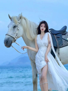 旅游拍照超仙露背海边度假沙滩裙轻婚纱拖尾白色连衣裙长裙女夏季