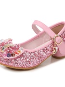 女孩公主鞋高跟粉色2023春秋季蓝色亮片水晶鞋软底中大童皮鞋