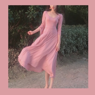 晚时光夏复古温柔粉色七分袖，连衣裙大摆裙长裙