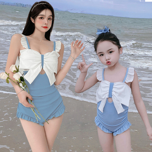 夏季亲子泳衣女款连体荷叶边女童公主可爱蝴蝶结度假海边母女泳装