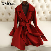 高级感小个子双面羊毛大衣女中长款修身红色时尚羊毛呢外套小香风