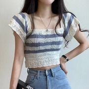 韩国chic夏季法式小众镂空设计感收腰方领撞色条纹短款针织衫女潮