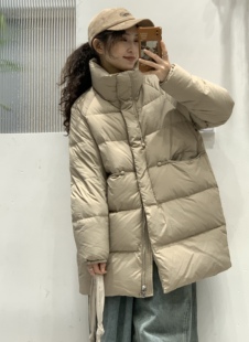 2023冬季韩版宽松立领羽绒服女中长款加厚保暖90白鸭绒外套潮