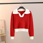 学院风娃娃领红色毛衣短款polo领减龄，时尚套头加厚拼色秋冬打底衫