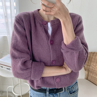 香芋紫毛衣女开衫外套女学院风2022秋季女装韩版长袖纯色上衣