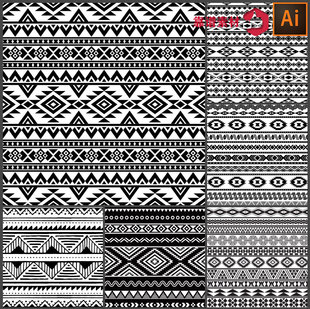 黑白线条传统纹样民族风花边服饰地毯等印花图案AI矢量设计素材