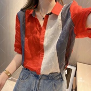 韩版拼接撞色短袖衬衫，女2024夏季设计感小众，气质减龄百搭上衣