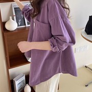 紫色长袖衬衫女2023年秋款韩版宽松通勤外套磨毛，棉质上衣加厚冬季