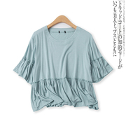 人棉娃娃衫夏季外贸女装减龄显瘦圆领荷叶下摆喇叭袖T恤14803