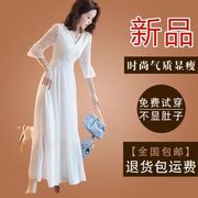 高档法式白色蕾丝雪纺连衣裙，女2023夏季短袖气质显瘦大码长裙