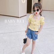 品牌童装韩版女童装儿童夏季时髦复古格子泡泡袖娃娃衫短袖T恤