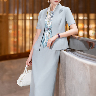浅蓝色连衣裙女夏季2024时尚，气质高级感职业，套装裙西装两件套