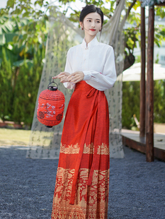 新中式国风立领白色衬衫上衣，收腰显瘦红色，马面裙两件套流行汉服