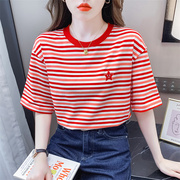 条纹t恤女短袖夏2023年清新纯棉上衣，宽松设计感小众红色半袖