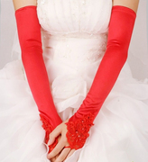 新娘加长手套配婚纱礼服袖套白色绣花红色勾指长款晚装旗袍低价