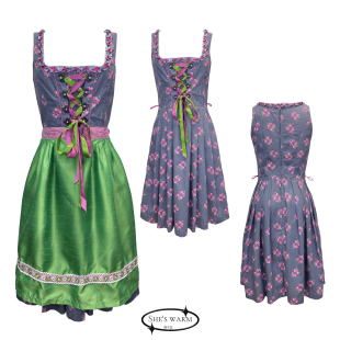 巴伐利亚风浪漫复古度假民族，风棉涤绑带，绿色围裙低领连衣裙两件套