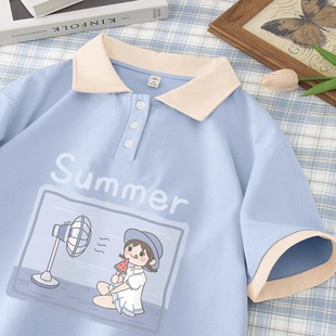 夏装奶蓝色短袖t恤女夏季2024年纯棉宽松polo衫半袖体恤上衣