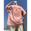 大码300斤粉色麂皮绒短袖t恤男生夏季美式复古宽松显瘦体恤潮