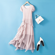 夏季欧美时尚长裙纯真丝，连衣裙不对称桑蚕丝，大摆裙仙女