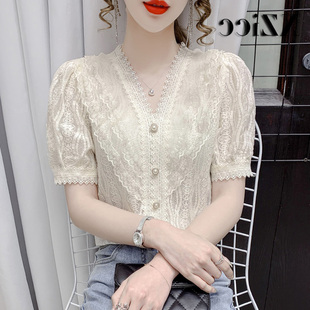 雪纺蕾丝衫女短袖2024夏季韩版修身V领洋气白色T恤半袖上衣