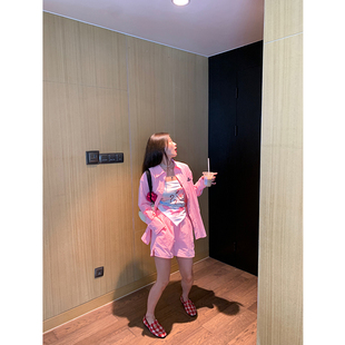 落落狷介夏装搭配一整套粉色，套装女两件套套装，裤长袖上衣+短裤