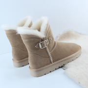 冬季雪地靴女皮毛一体中筒保暖真皮羊毛学生沙色平底防滑雪地棉鞋