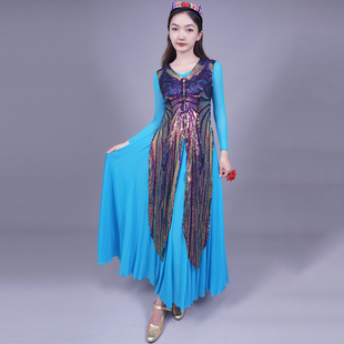 新疆舞玻璃丝弹性款红色亮片女士长马甲维吾族舞台表演长马夹