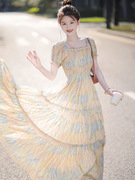 夏季女2023浪漫复古穿搭长裙高端精致黄色连衣裙子质感高级感