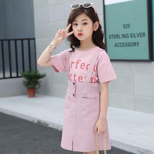女童夏装套装2020韩版儿童，跨境衬衫中大童，时尚背带裙两件套潮