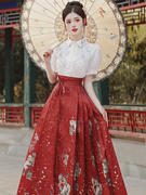 新中式红色汉服马面裙，套装通勤女士短袖上衣，国风高级感刺绣白衬衫