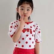 女童波点草莓泡泡袖t恤lago韩国南大门童装2024夏款上衣564