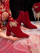 2023年婚鞋女冬季加绒红色新娘鞋秀禾婚纱，两穿高跟鞋短靴敬酒