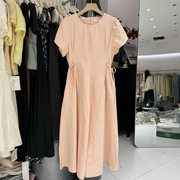 粉色短袖连衣裙女法式气质温柔风圆领系带收腰显瘦高级感长裙2853