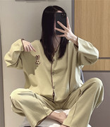 中长款春秋长袖开衫睡衣女可爱兔子刺绣家居服大码胖mm200斤套装