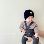 婴儿帽子秋冬款男女宝宝，保暖套头帽，韩系字母p婴幼儿双层毛线帽潮