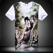 中国风夏季时尚潮流男士纯棉圆领短袖T恤衫 创意个性美女老虎图案