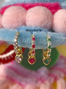 mercurys心形镶钻吊坠耳圈绚丽色彩s925银耳扣简约多巴胺女孩耳扣