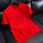 中国风龙年刺绣短袖t恤男士潮牌冰丝光棉红色火焰，龙半袖(龙半袖)圆领体恤