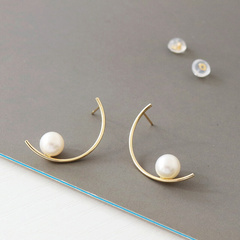 韩国进口纯10k黄金耳钉女 C型珍珠网红明显同款耳环耳饰女礼物