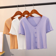 夏季高腰T恤女冰丝针织短袖紫色v领套头修身短款花边配裙子上衣薄