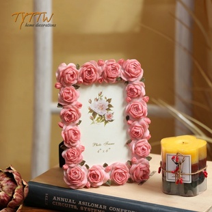 粉色玫瑰花朵系列温馨树脂，长方形花边相框边桌，摆件摆台家居画框