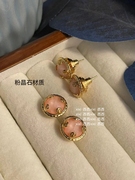 温婉妹子法式圆形粉色宝石耳环，小众设计高级感银针温柔耳钉女士
