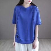 高级感蓝色纯棉短袖T恤女夏季高端大牌半袖体恤圆领设计感上衣