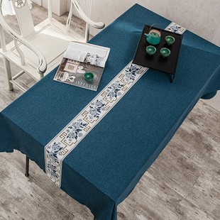 高档新中式棉麻布艺拼色桌布日式长方形复古茶几台布餐桌布长方形