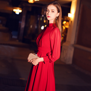 红色晚礼服2023秋款高贵优雅长款结婚宴会平时可穿敬酒服连衣裙女