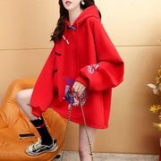加绒加厚大红色连帽卫衣女中长款2024春季洋气宽松设计感外套